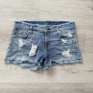7 For All Mankind Jean Shorts Cut-Off Denim Blue Distressed Raw Hem Size 24 EUC